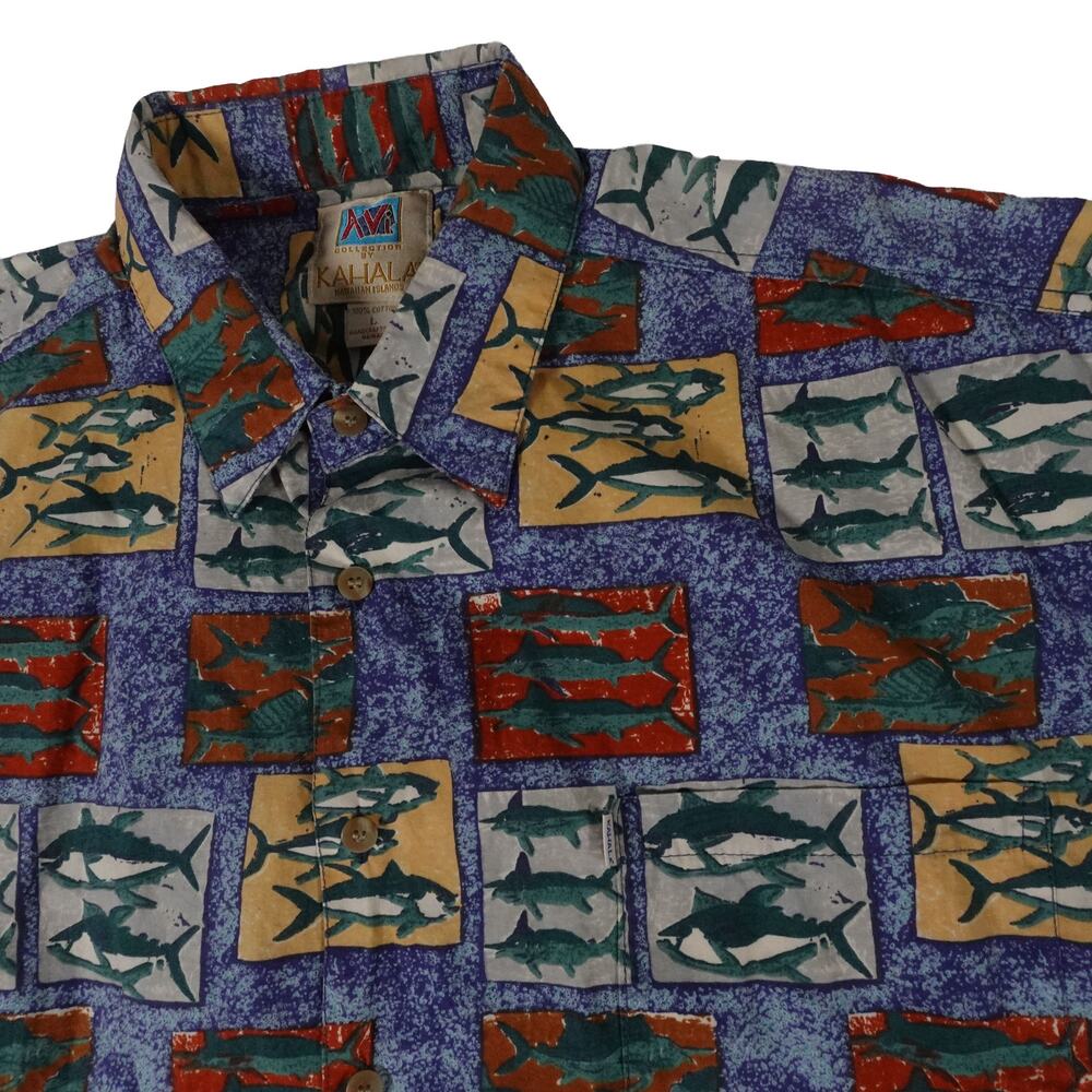 AVi Kahala Hawaiian Fish Marlin Button Up Shirt Made USA Men's Large